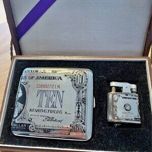 Vintage $10 Bill Lighter & Cigarette Case Set in Wooden Box – KPS Mark – K428
